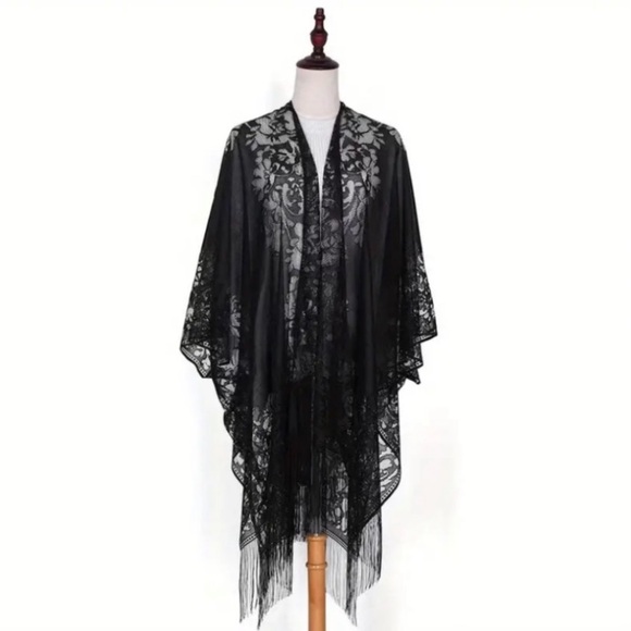 New Boho Solid Black Tassel Embroidered Sheer Kimono Festival Beach Cover Up NWT - Picture 14 of 16